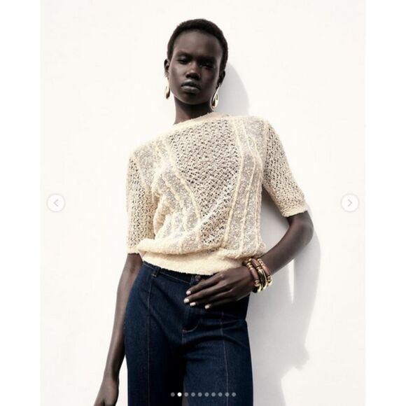 Beige Zara Open Knit Stitch Crochet Round Neck Short Sleeve Sweater Top (NWT) - Picture 1 of 6